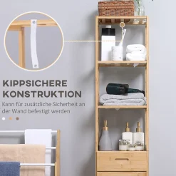 Meuble de salle de bain en bambou naturel, avec tiroir, trois étagères et compartiment ouvert, Bois naturel.