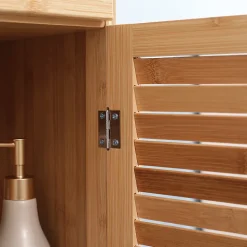Meuble de salle de bain en bambou naturel, avec tiroir, trois étagères et compartiment ouvert, Bois naturel.
