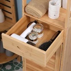 Meuble de salle de bain en bambou naturel, avec tiroir, trois étagères et compartiment ouvert, Bois naturel.