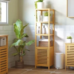Meuble de salle de bain en bambou naturel avec 3 compartiments ouverts, dimensions 36 x 33 x 140 cm pour un rangement optimal.