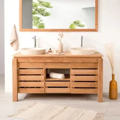 Meuble de salle de bain en teck Zen double vasque 145cm