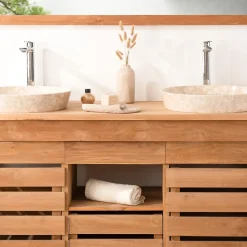 Meuble de salle de bain en teck Zen double vasque 145cm