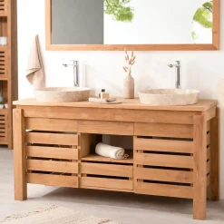 Meuble de salle de bain en teck Zen double vasque 145cm