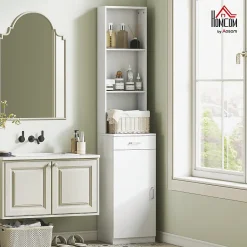 Meuble de salle de bain haut et étroit, avec tiroir, porte et étagères réglables, pour salle de bain ou salon, blanc