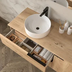 Meuble de salle de bain KING avec vasque à poser ronde et miroir Led STAM - Roble (chêne clair) - 120cm
