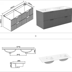 Meuble de salle de bain mural 120 cm Anthracite - 4 tiroirs + Lavabo double en céramique, AICA Sanitaire