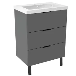 Meuble de salle de bain mural avec pieds Anthracite 60 cm - 3 tiroirs, lavabo inclus, AICA Sanitaire