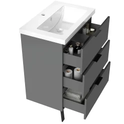 Meuble de salle de bain mural avec pieds Anthracite 60 cm - 3 tiroirs, lavabo inclus, AICA Sanitaire