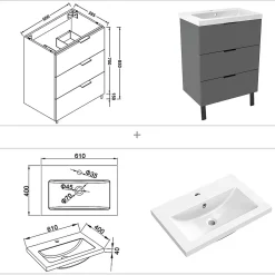 Meuble de salle de bain mural avec pieds Anthracite 60 cm - 3 tiroirs, lavabo inclus, AICA Sanitaire