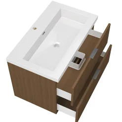 Meuble de salle de bain mural 80 cm Noyer - 2 tiroirs, lavabo (jointless & résistant), AICA Sanitaire