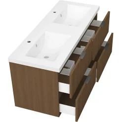 Meuble de salle de bain mural Noyer 120 cm - 4 tiroirs, lavabo inclus, AICA Sanitaire