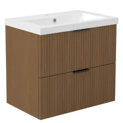 Meuble de salle de bain mural Noyer 60 cm - 2 tiroirs, lavabo inclus, AICA Sanitaire
