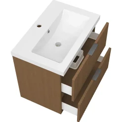 Meuble de salle de bain mural Noyer 60 cm - 2 tiroirs, lavabo inclus, AICA Sanitaire