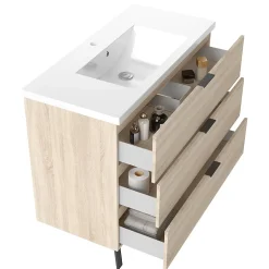 Meuble de salle de bain mural avec pieds Chêne 100 cm - 3 tiroirs, lavabo inclus, AICA Sanitaire