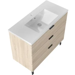 Meuble de salle de bain mural avec pieds Chêne 100 cm - 3 tiroirs, lavabo inclus, AICA Sanitaire