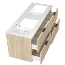 Meuble de salle de bain mural 120 cm Chêne - 4 tiroirs + Lavabo double en céramique, AICA Sanitaire