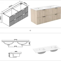 Meuble de salle de bain mural 120 cm Chêne - 4 tiroirs + Lavabo double en céramique, AICA Sanitaire