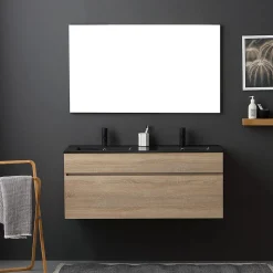 Meuble De Salle De Bain Mobile 120 Cm En Chêne Naturel Avec Double Lavabo Noir Mat - Soleil