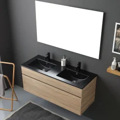 Meuble De Salle De Bain Mobile 120 Cm En Chêne Naturel Avec Double Lavabo Noir Mat - Soleil