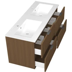 Meuble de salle de bain mural 120 cm Noyer - 4 tiroirs + Lavabo double en céramique, AICA Sanitaire