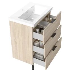 Meuble de salle de bain mural avec pieds Chêne 60 cm - 3 tiroirs, lavabo inclus, AICA Sanitaire