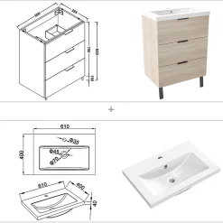 Meuble de salle de bain mural avec pieds Chêne 60 cm - 3 tiroirs, lavabo inclus, AICA Sanitaire