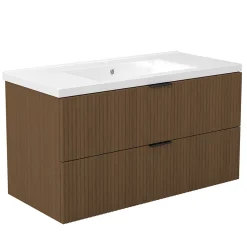 Meuble de salle de bain mural 100 cm Noyer - 2 tiroirs + Lavabo Céramique, AICA Sanitaire