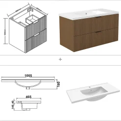 Meuble de salle de bain mural 100 cm Noyer - 2 tiroirs + Lavabo Céramique, AICA Sanitaire