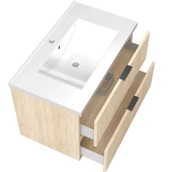 Meuble de salle de bain mural 80 cm Chêne - 2 tiroirs + Lavabo Céramique, AICA Sanitaire