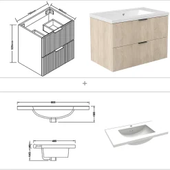 Meuble de salle de bain mural 80 cm Chêne - 2 tiroirs + Lavabo Céramique, AICA Sanitaire