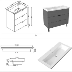 Meuble de salle de bain mural avec pieds 100 cm Anthracite - 3 tiroirs, lavabo (jointless & résistant), AICA Sanitaire