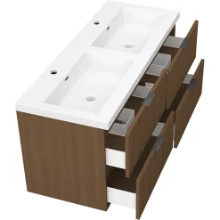 Meuble de salle de bain mural 120 cm Noyer - 4 tiroirs, lavabo (jointless & résistant), AICA Sanitaire