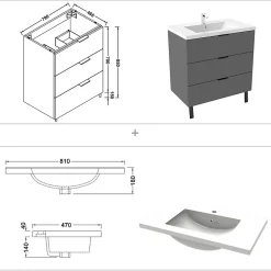 Meuble de salle de bain mural avec pieds Anthracite 80 cm - 3 tiroirs, lavabo inclus, AICA Sanitaire
