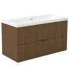 Meuble de salle de bain mural 100 cm Noyer - 2 tiroirs, lavabo (jointless & résistant), AICA Sanitaire