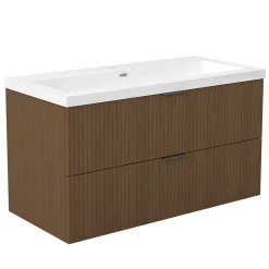 Meuble de salle de bain mural 100 cm Noyer - 2 tiroirs, lavabo (jointless & résistant), AICA Sanitaire