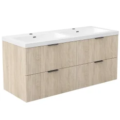 Meuble de salle de bain mural 120 cm Chêne - 4 tiroirs, lavabo (jointless & résistant), AICA Sanitaire
