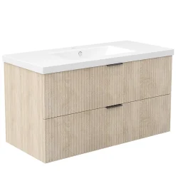 Meuble de salle de bain mural Chêne 100 cm - 2 tiroirs, lavabo inclus, AICA Sanitaire