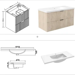 Meuble de salle de bain mural Chêne 100 cm - 2 tiroirs, lavabo inclus, AICA Sanitaire
