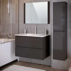 Meuble de salle de bain NELI 2 tiroirs 80 cm anthracite T-BATH Inclus lavabo, miroir et applique LED