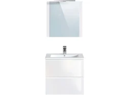 Meuble de salle de bain NELI 2 tiroirs 60 cm blanc brillant T-BATH Inclus lavabo, miroir et applique LED