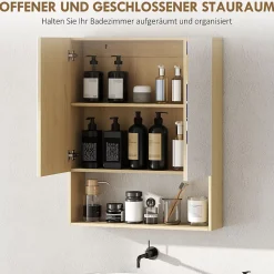 Meuble de salle de bain, portes miroir, étagère ouverte, fixation murale, MDF, aggloméré, chêne