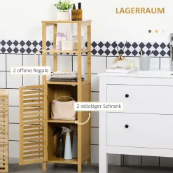 Meuble de salle de bain réglable en hauteur, meuble de salle de bain en bambou, avec deux étagères ouvertes, bois naturel