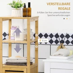 Meuble de salle de bain réglable en hauteur, meuble de salle de bain en bambou, avec deux étagères ouvertes, bois naturel