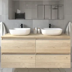 Meuble de salle de bain sans miroir avec vasques à poser arrondie BALEA - Bambou (chêne clair) - 120cm