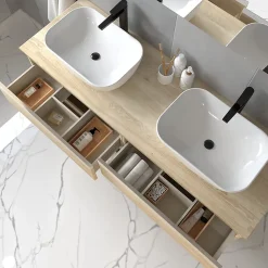 Meuble de salle de bain sans miroir avec vasques à poser arrondie BALEA - Bambou (chêne clair) - 120cm
