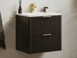 Meuble de salle de bain suspendu strié avec vasque à encastrer - Noir - 60 cm - ZEVARA