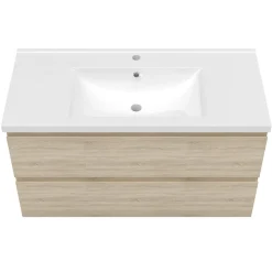 Meuble de salle de bain suspendre avec vasque 2 tiroirs fermeture amortie, meuble de rangement bois clair, 100cm