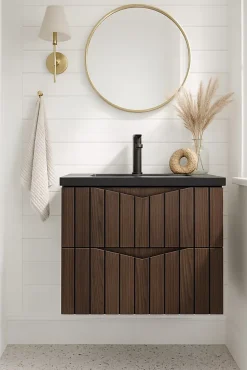 Meuble de salle de bain sous vasque suspendu STELLA coloris noyer 60 cm façades rainurées