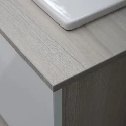 Meuble De Salle De Bain Suspendu Lotto 80Cm Chêne Gris Avec Façade Blanche Et Lavabo Au-Dessus