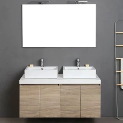 Meuble De Salle De Bain Suspendu 4 Portes Chêne Naturel, Plateau Blanc, 2 Lavabos Décoratifs Et Miroir Avec Lampe - Valentina